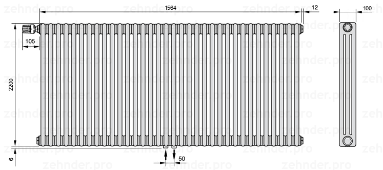 Схема (чертеж) Радиатор Zehnder Charleston 3220/34 №V007 Белый глянцевый RAL 9016